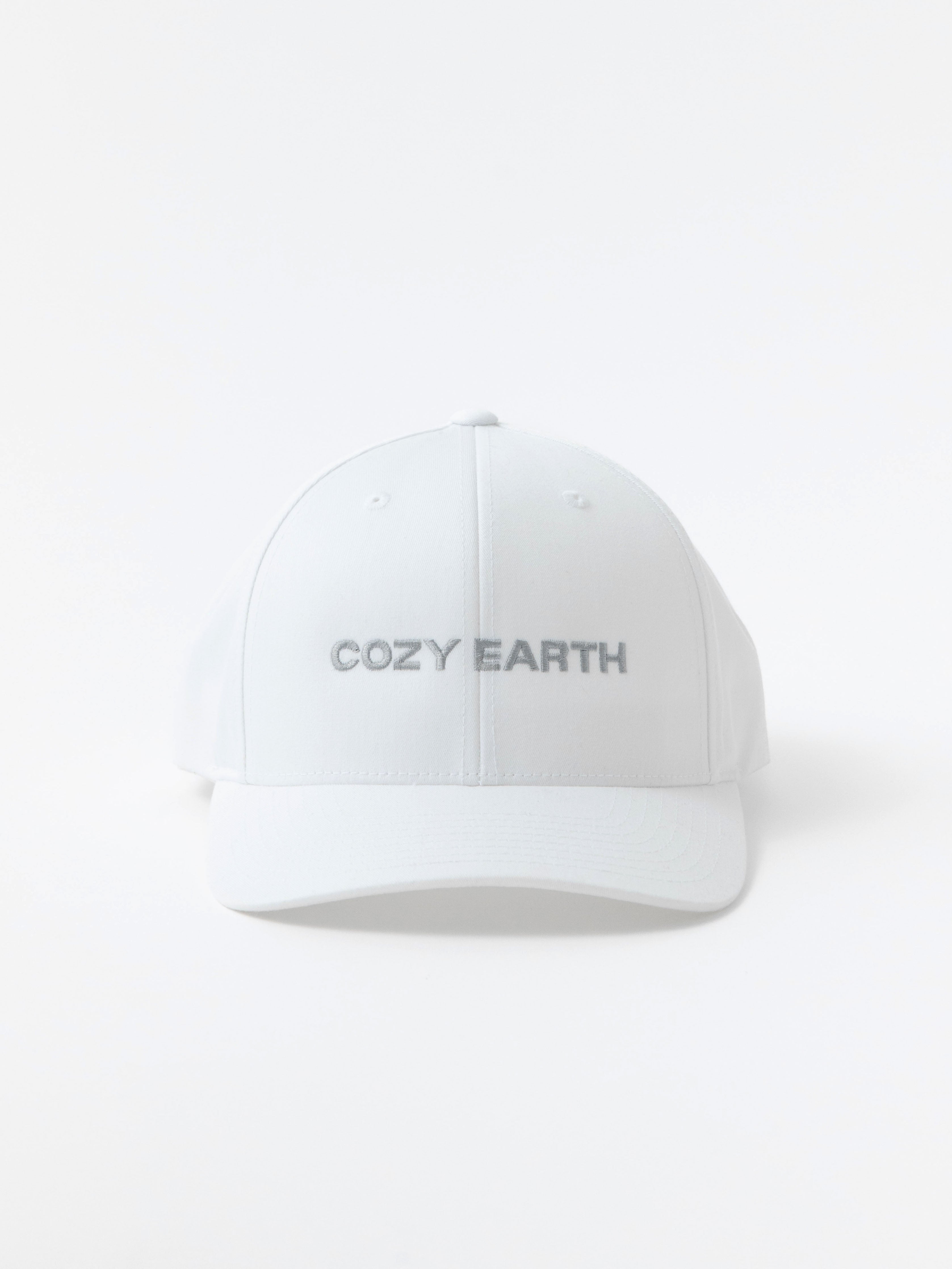 White cap with 'COZY EARTH' text on a white background |Color:White/Stone