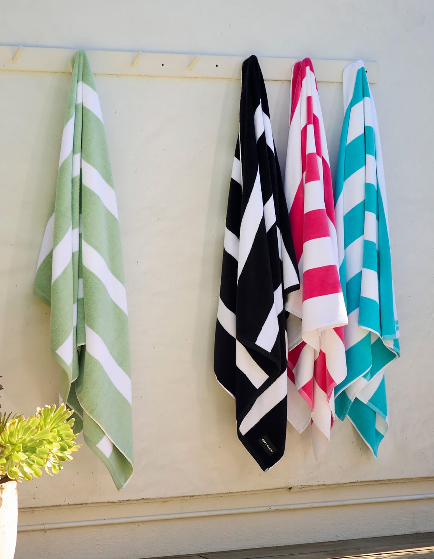 Four striped towels—green, black, red, and blue—hang side by side on hooks against a white wall, with a small green plant in the lower left corner of the image.