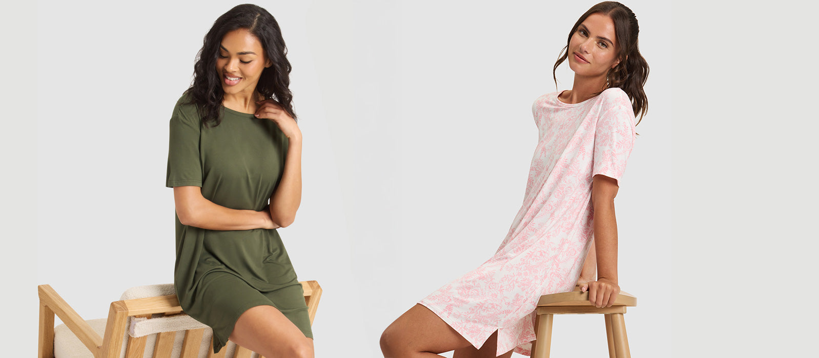 two women wearing Cozy Earth Sleep Dresses sit on a chair and stool in front of grey background