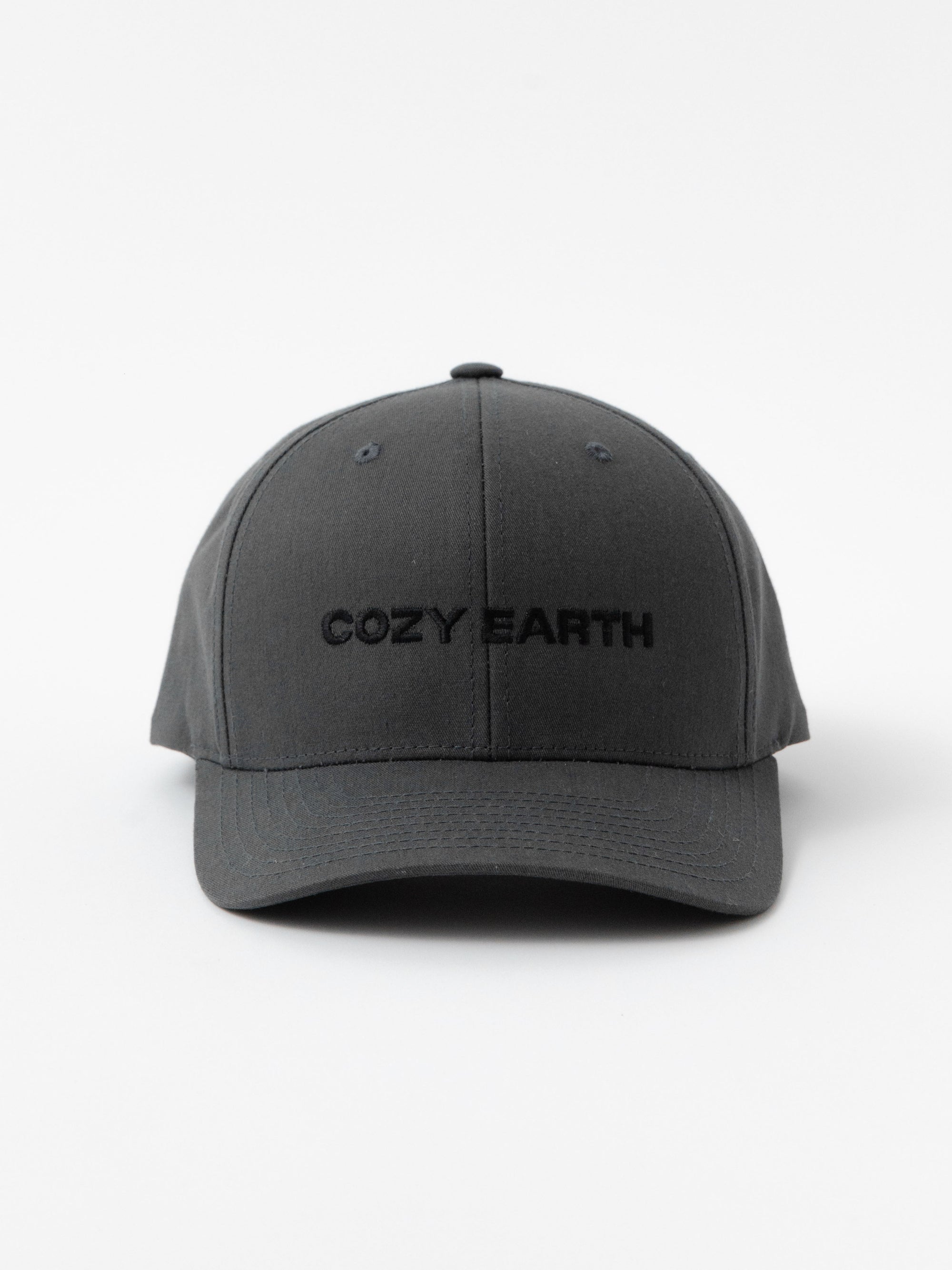 Grey cap with 'COZY EARTH' text on a white background 