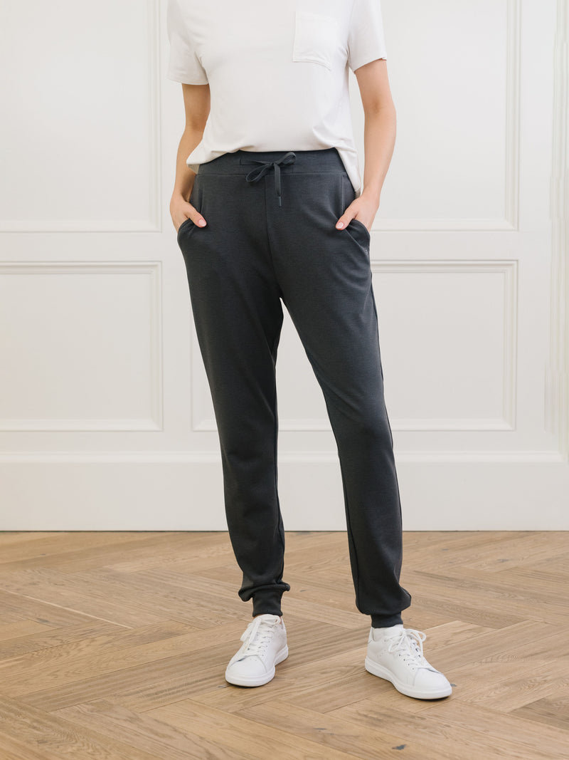 Charcoal Bamboo Jogger Set. The photo was taken close up, showing off the print of the joggers.