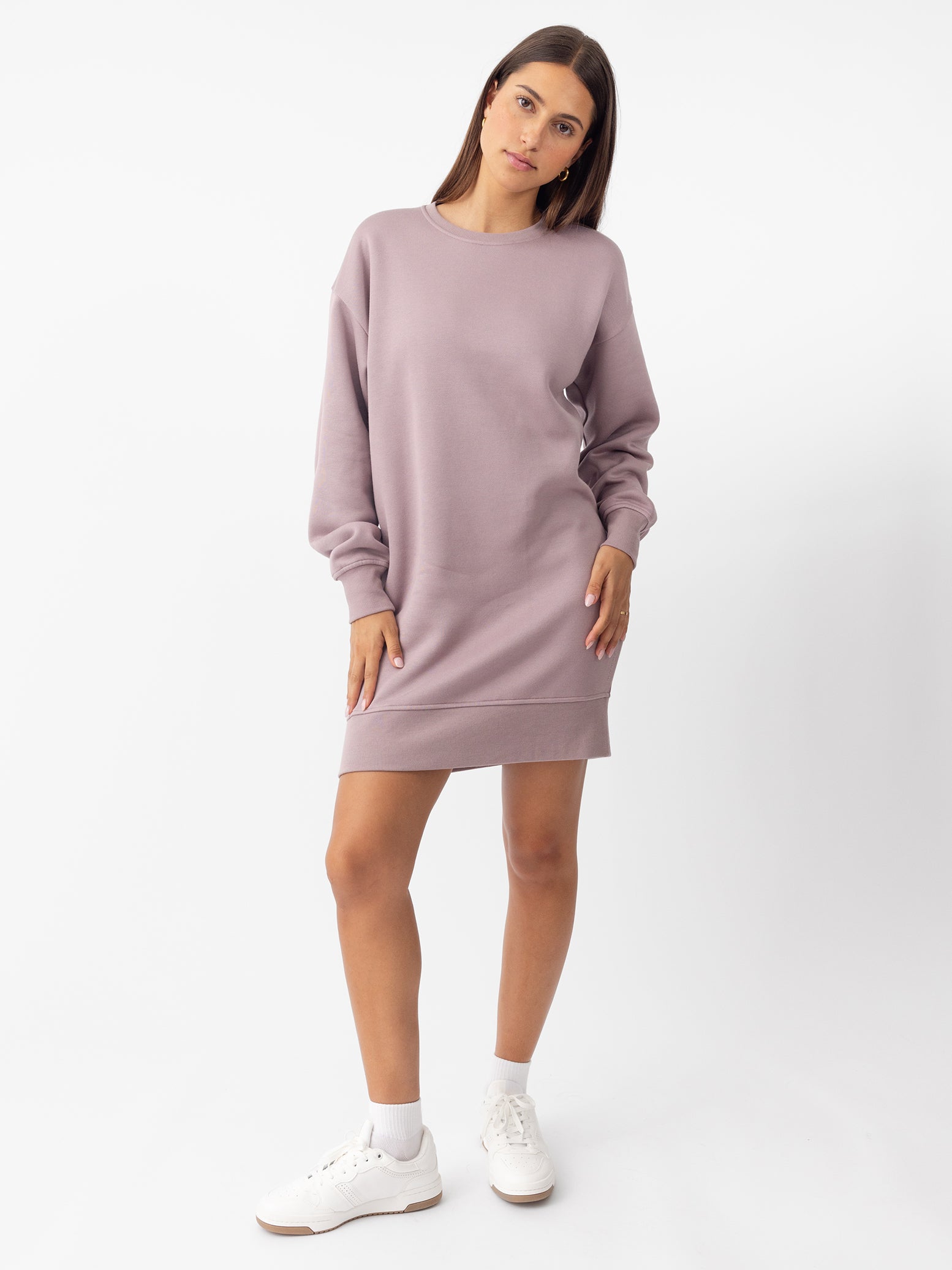 Woman wearing Dusty Orchid CityScape Crewneck Dress with white background 