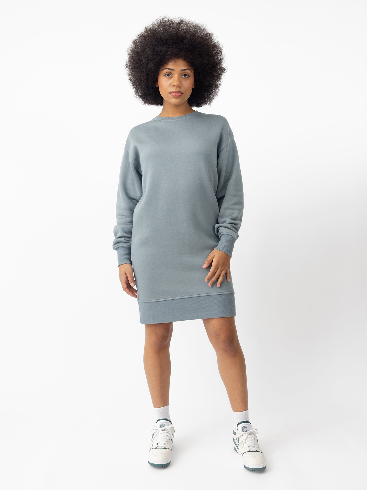 Woman wearing Smokey Blue CityScape Crewneck Dress with white background 