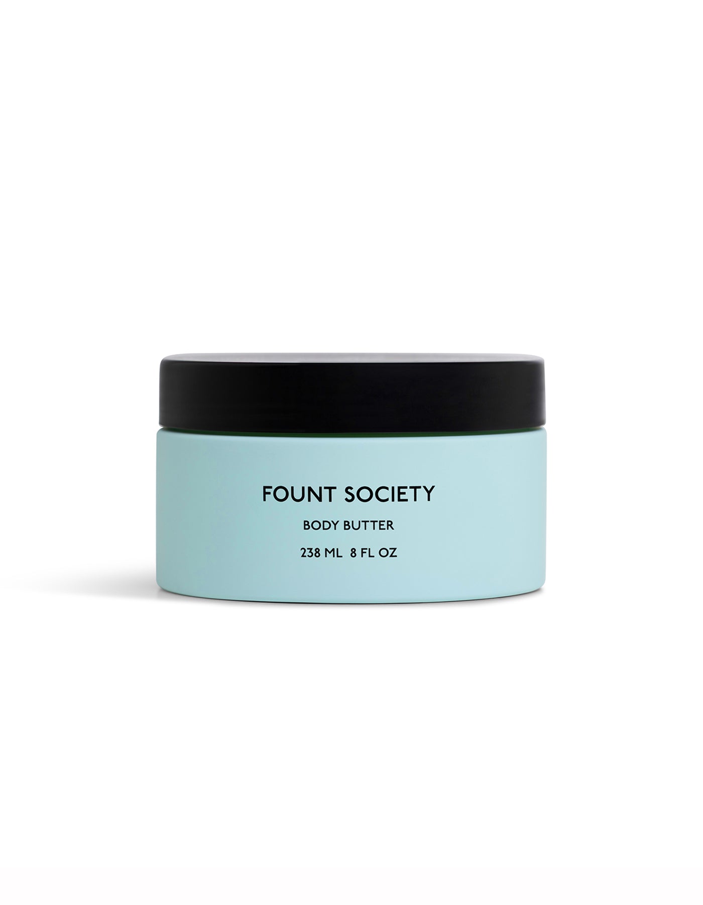 A light blue jar of Cozy Earth Body Butter with a black lid, labeled "Body Butter" and "238 mL / 8 fl oz," is set against a plain white background.|Size:Full Size