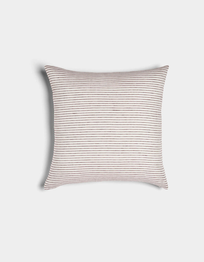 The Cozy Earth Striped Throw Pillow features thin, evenly spaced horizontal brown stripes on a white background. This soft, neatly plump accent piece is shown against a plain white backdrop.