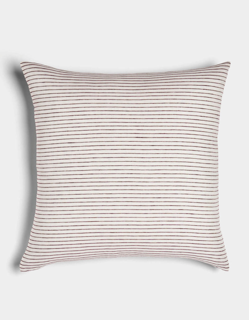 The Cozy Earth Striped Throw Pillow features thin, evenly spaced horizontal brown stripes on a white background, shown on a plain white surface.