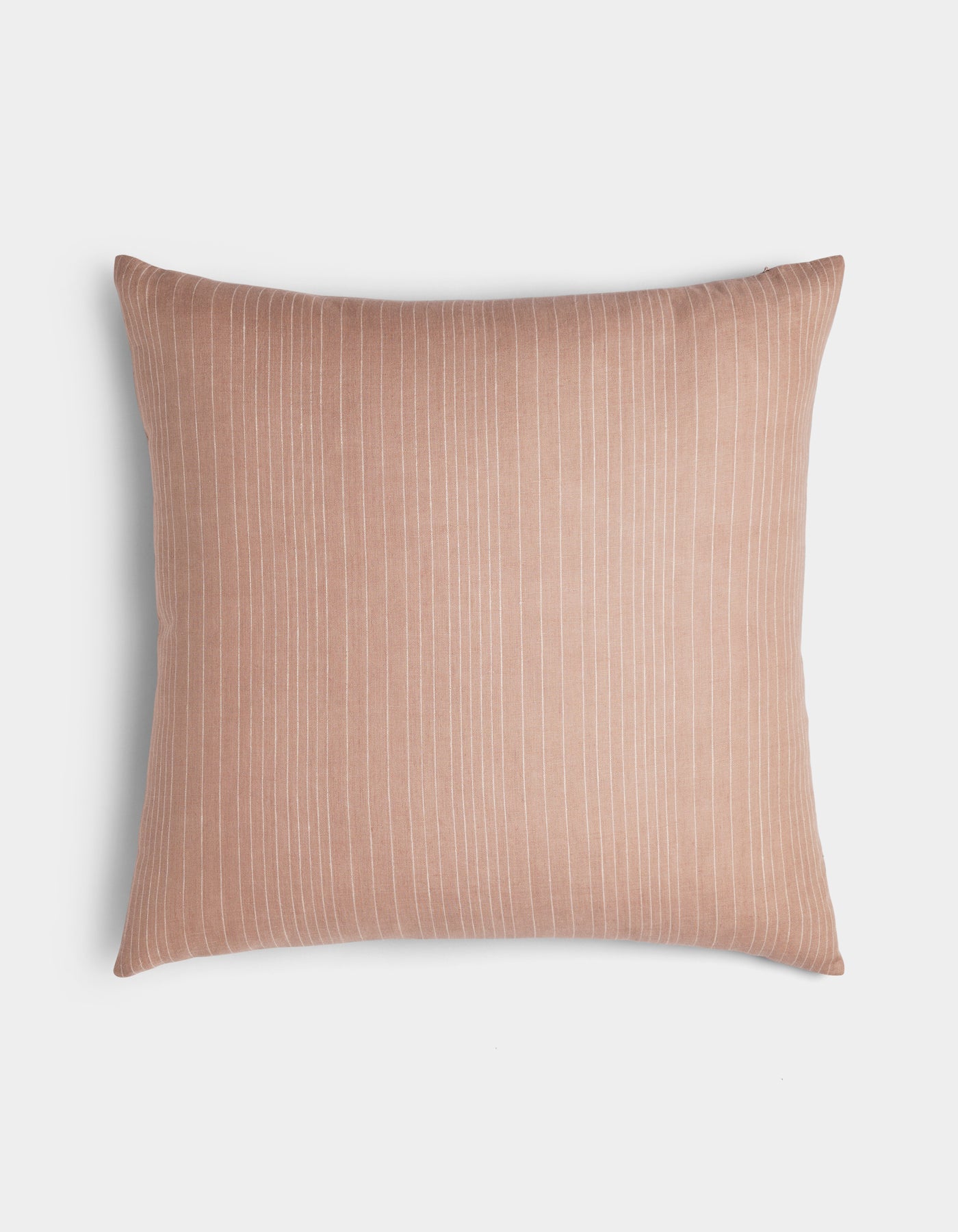 The Cozy Earth Striped Throw Pillow features a square shape in light brown with thin vertical white pinstripes, shown on a plain white background.