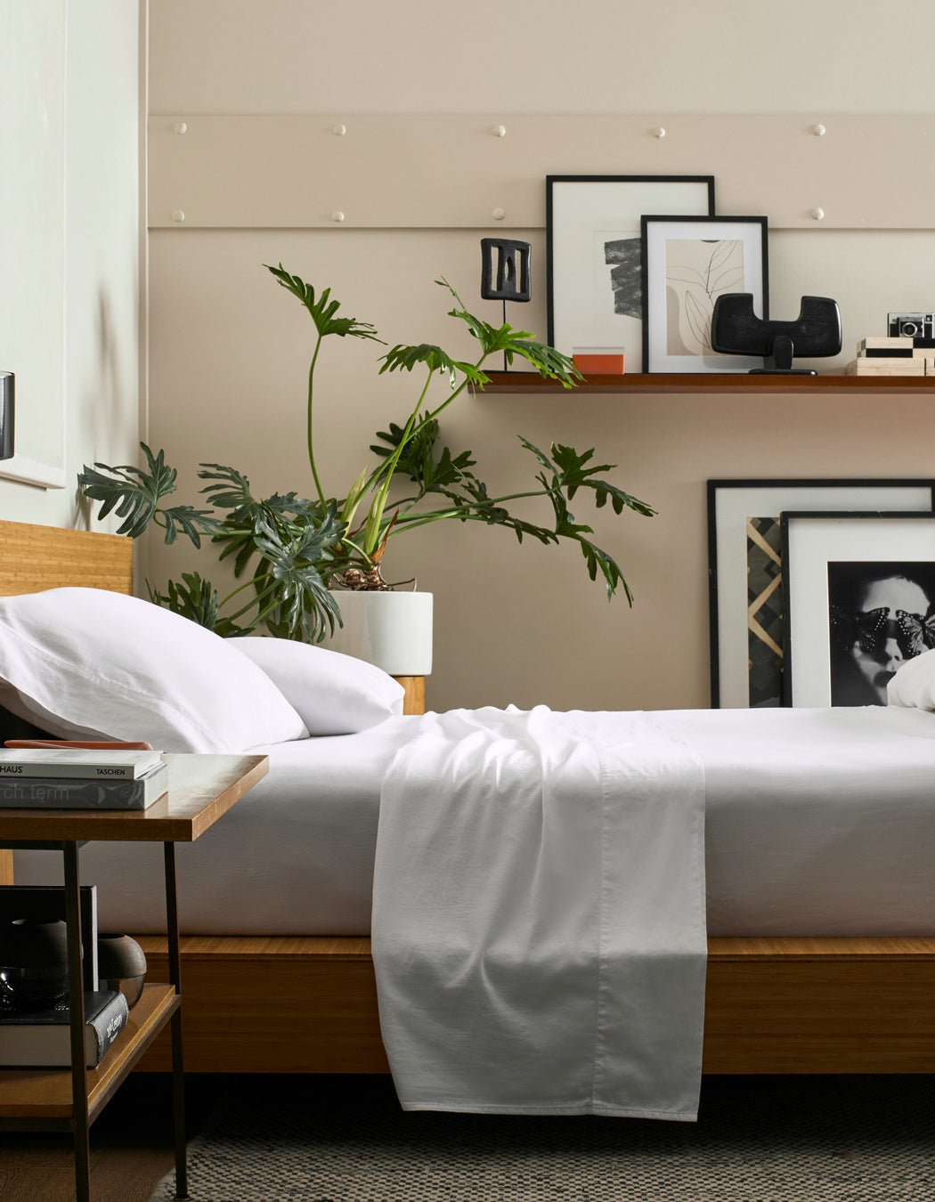 A modern bedroom featuring a Cozy Earth Soft-Wash Cotton Fitted Sheet on a wooden bed, with white bedding, a leafy plant, floating shelf holding framed art above the bed, and a side table with books.