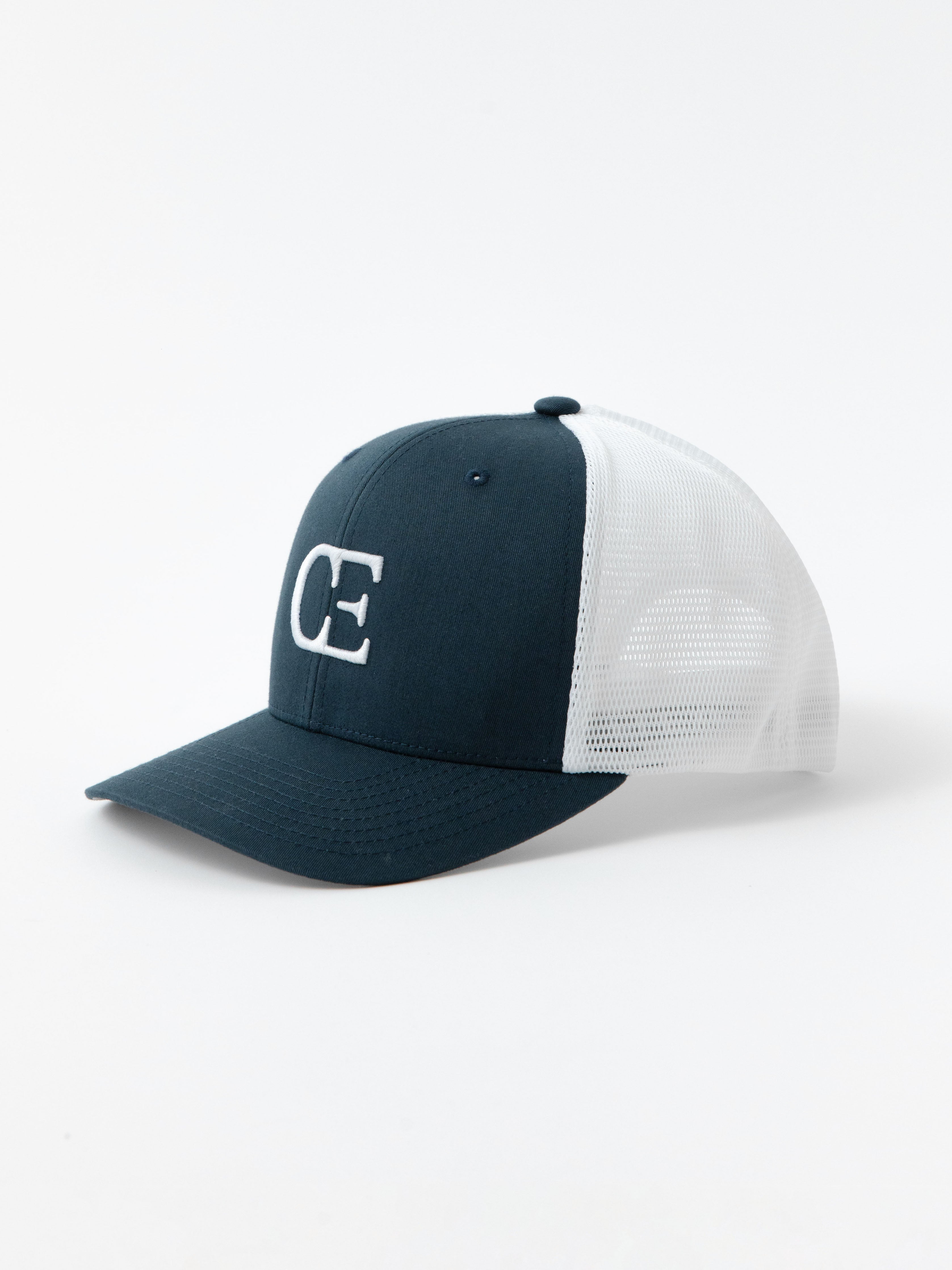 Navy and white cap with a CE logo on a light gray background |Color:Navy/White
