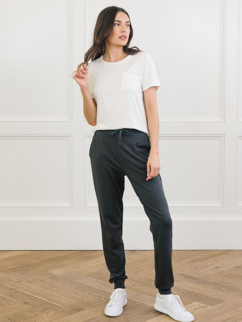 Charcoal Bamboo Jogger Set. The photo was taken close up, showing off the print of the joggers.