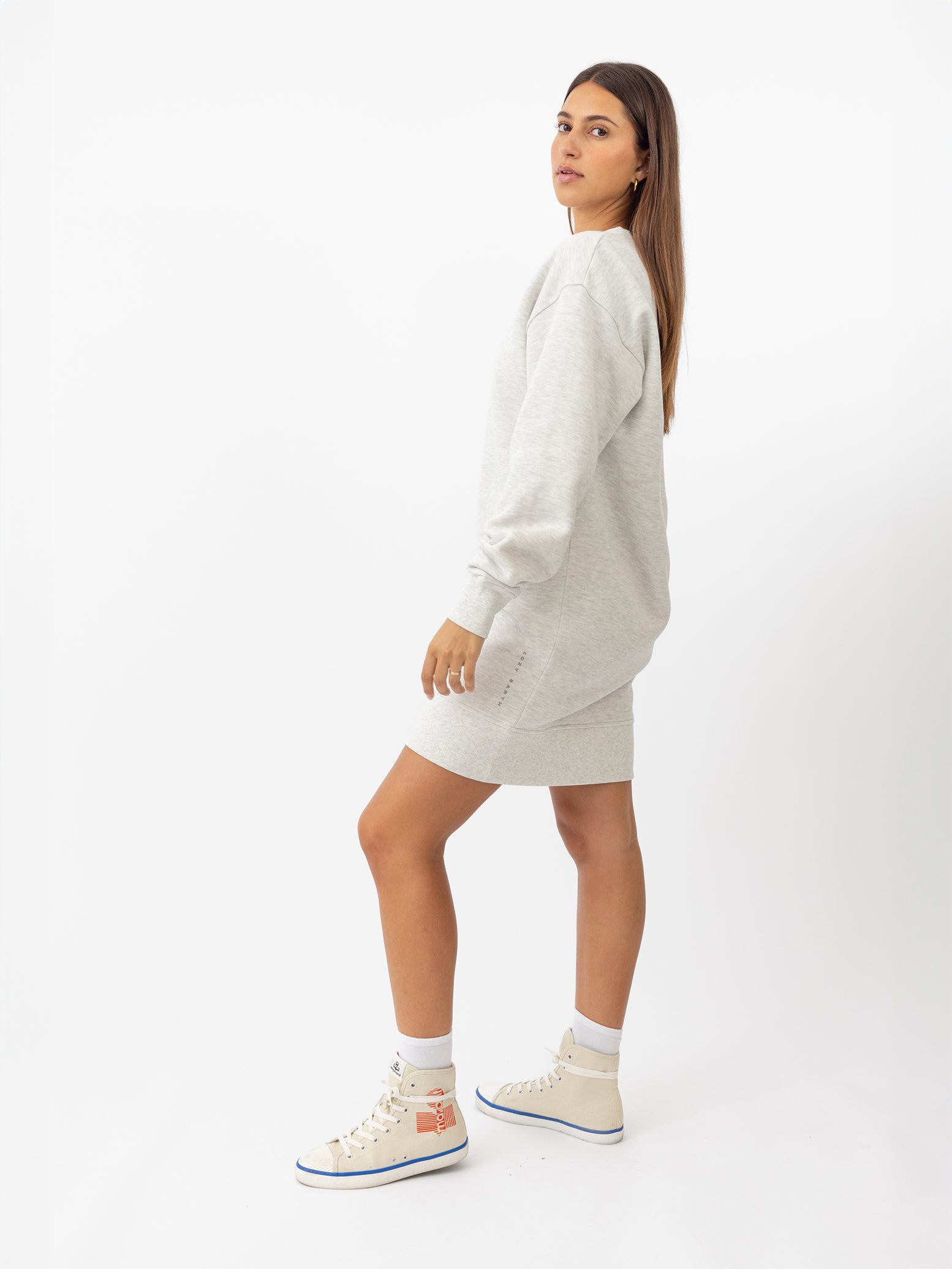 Woman wearing Heather Grey CityScape Crewneck Dress with white background |Color:Heather Grey