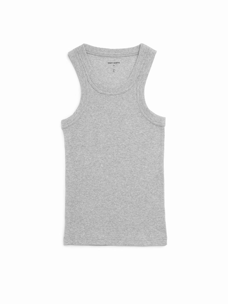 Cozy Earth Women's Fine Ribbed Tank in Heather Grey lies flat on a white background.