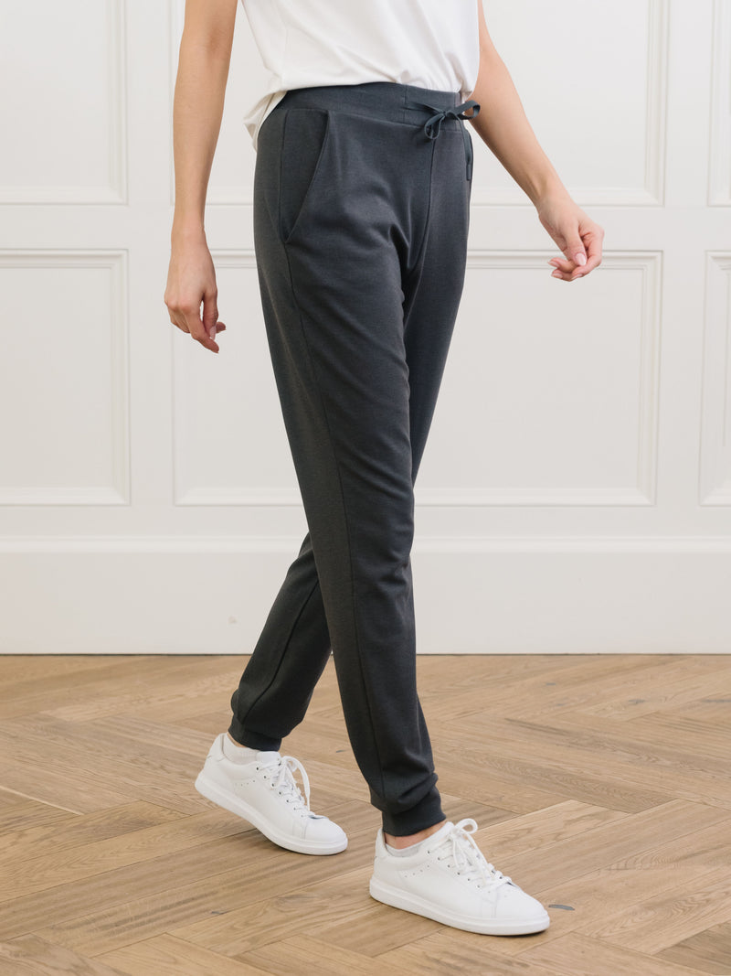 Charcoal Bamboo Jogger Set. The photo was taken close up, showing off the print of the joggers.