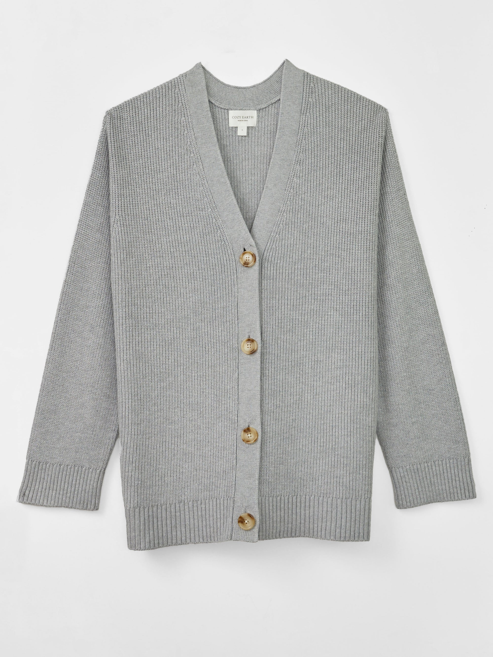 A Cozy Earth Classic Cardigan in grey lies on a white background 