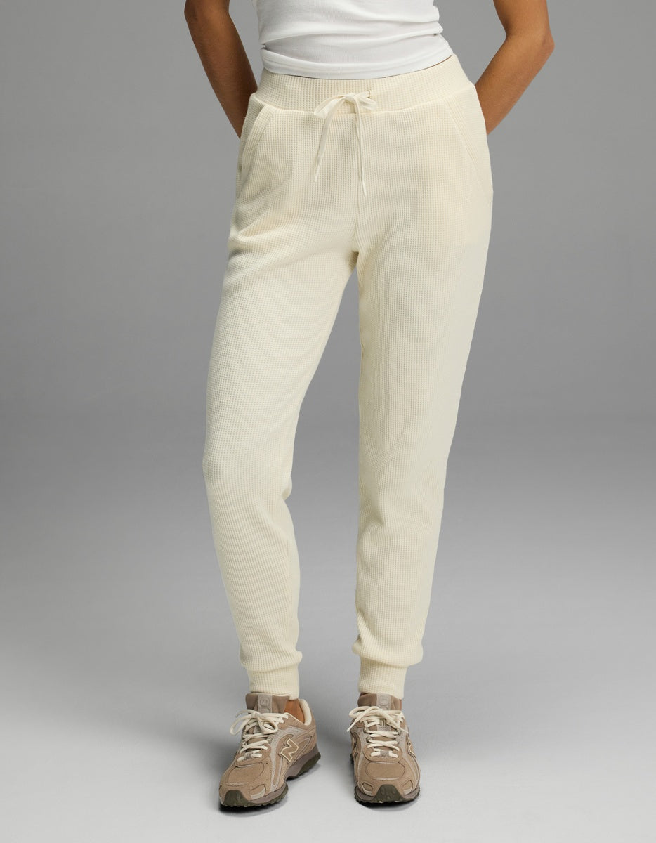Cozy Earth Women’s Blake Waffle Joggers in off-white with a drawstring waist and elastic cuffs.|Color:Coconut