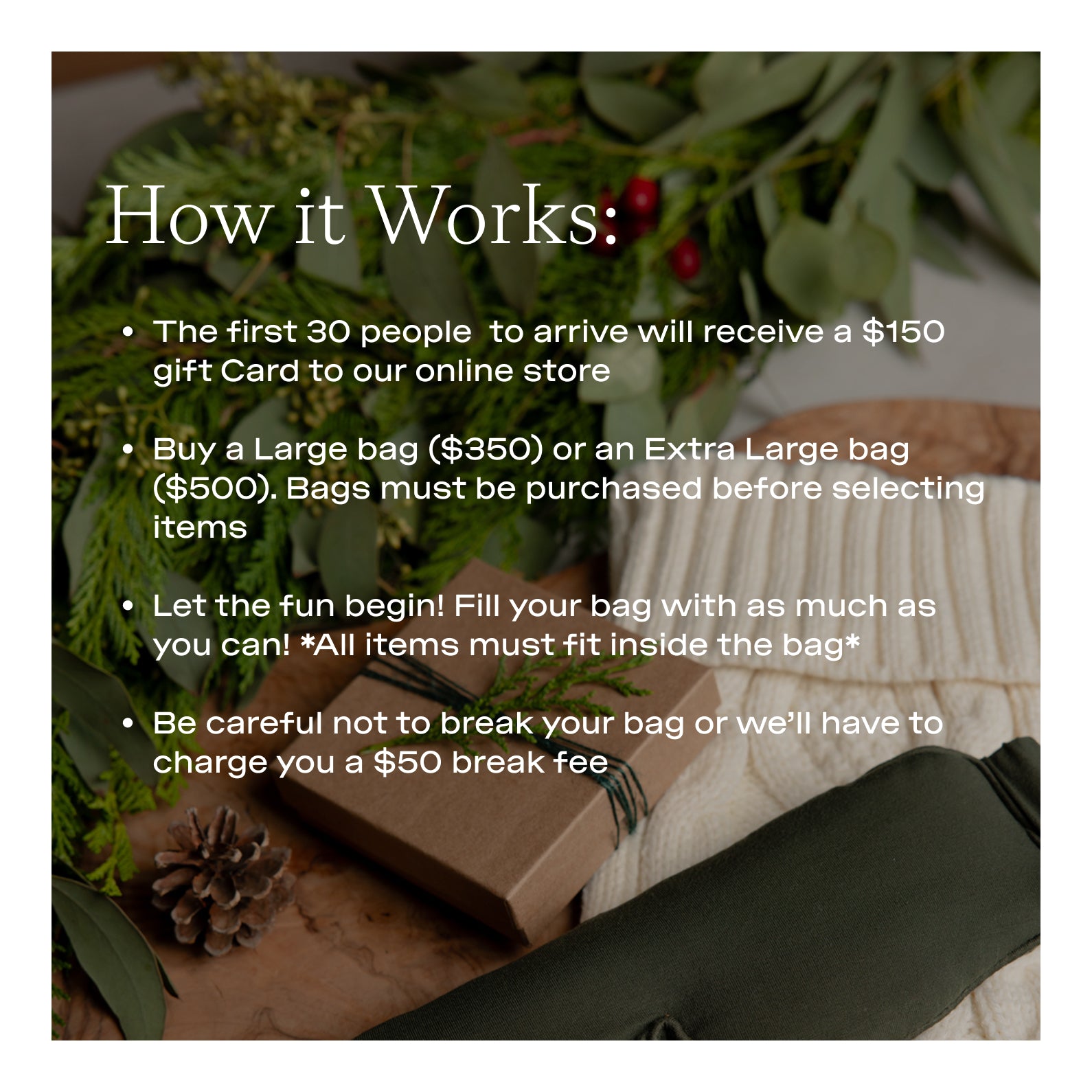 Promotional text overlay on a blurred background of a gift bag and decorative items.