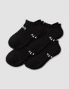 The Cozy Earth Men's Essential Ankle Sock 4-Pack in black features textured socks with partial white text on the soles, neatly stacked on a light gray background.|Color:Black