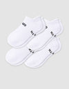The Cozy Earth Women's Essential Ankle Sock 4-Pack features white ankle socks with black text and designs near the ankles, shown on a light gray background.|Color:White