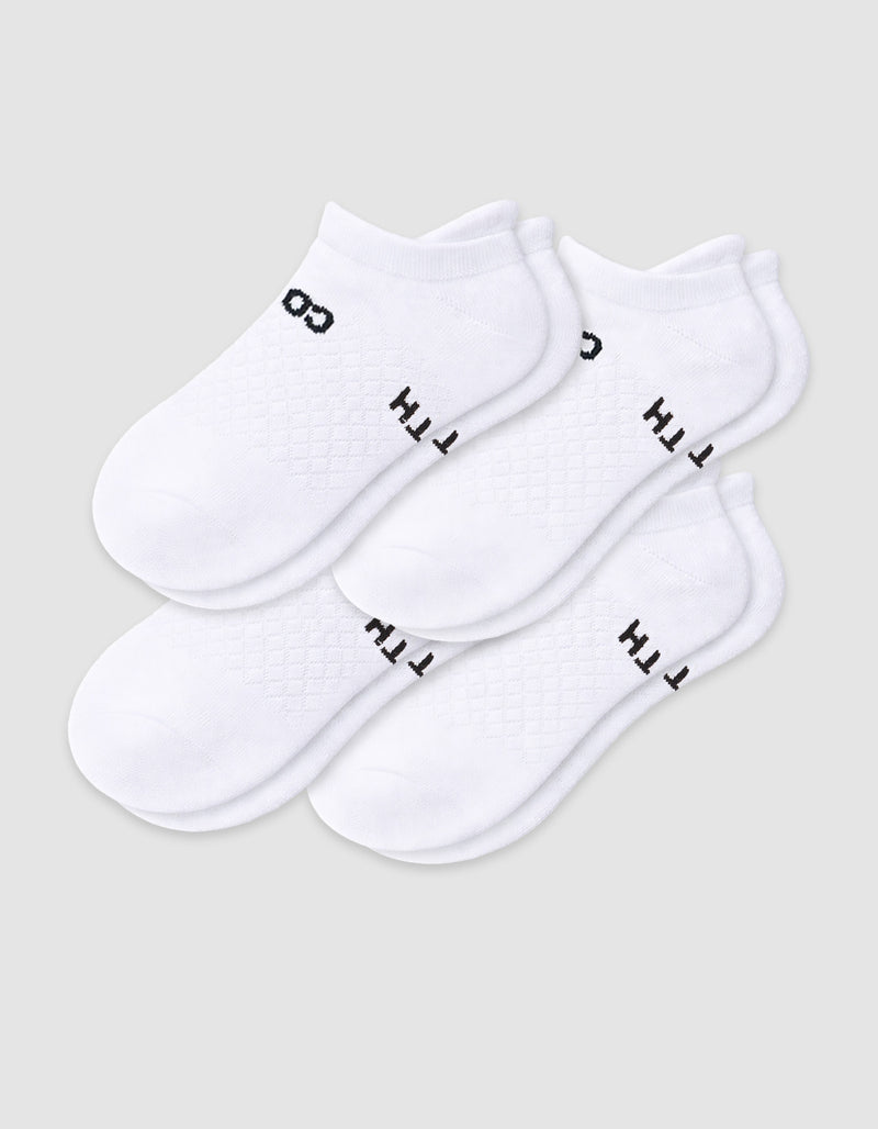 The Cozy Earth Women's Essential Ankle Sock 4-Pack features white ankle socks with black text and designs near the ankles, shown on a light gray background.