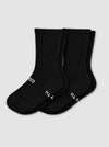 Two pairs of Cozy Earth Women's Essential Calf Socks in black, featuring ribbed cuffs and small white lettering on the soles, are laid side by side on a light gray background.|Color:Black