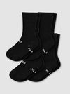 The Cozy Earth Women's Essential Calf Sock 4-Pack in black, featuring ribbed cuffs and white text near the toes, is arranged overlapping on a light gray background.|Color:Black