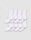 Eight pairs from the Cozy Earth Men's Essential Calf Sock 8-Pack are displayed in two neat overlapping rows on a light gray background, each featuring small black text and symbols near the toes.|Color:White