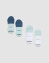 Four Cozy Earth Essential Ankle Socks are laid side by side: one pair in blue and light blue, the other in mint green and white, each with "COZY" and "EARTH" printed on them. |Color:Arctic