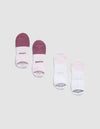 Four pairs of Cozy Earth Essential Ankle Socks are displayed on a light background: pink and purple on the left with "COZY" and "EARTH," and light pink and white on the right featuring a small graphic and faint toe text. |Color:Lilac