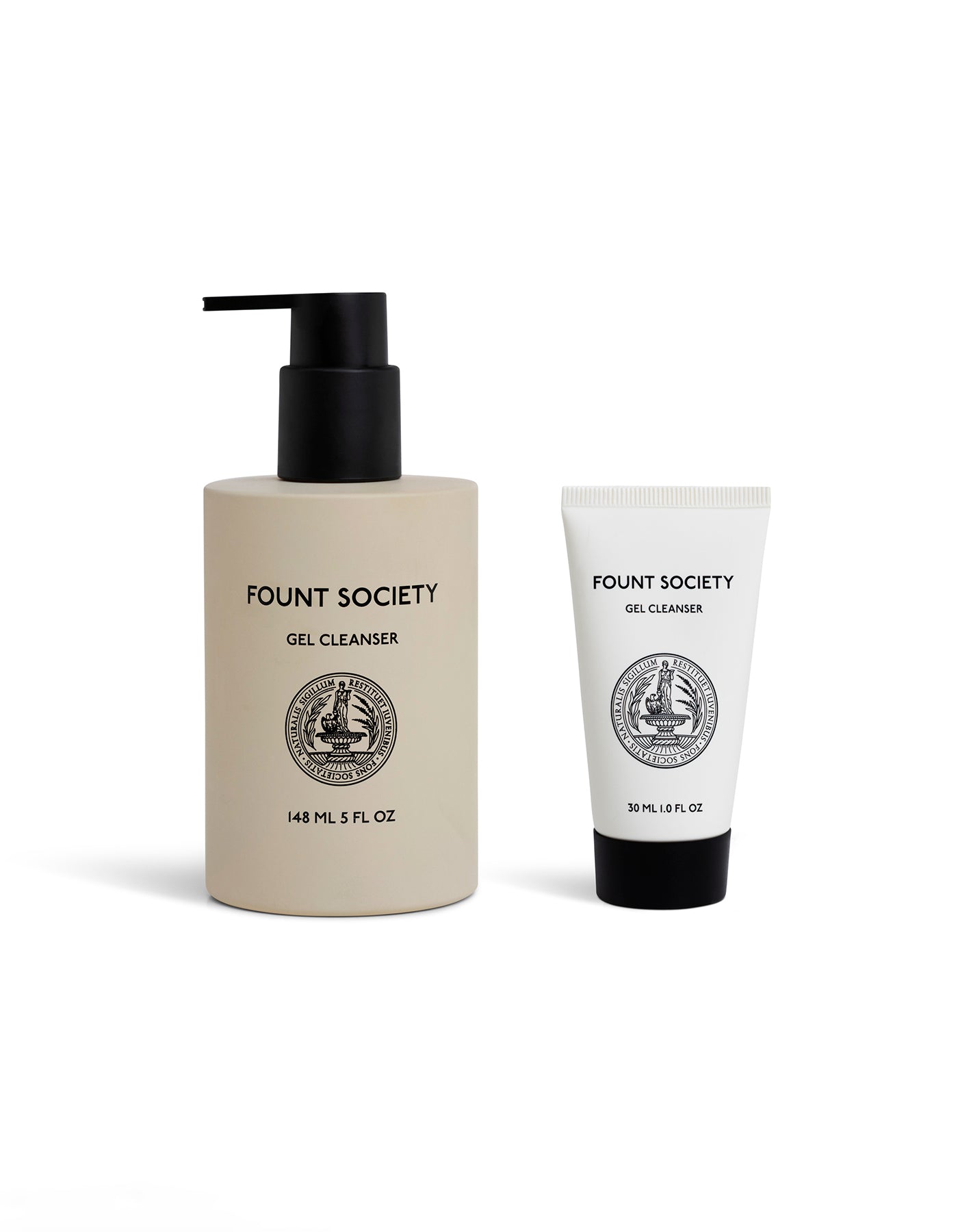 Two skincare products from Cozy Earth: a beige pump bottle labeled "Gel Cleanser" (148 mL) and a matching white tube (30 mL), both featuring a black circular logo with an illustration. 
