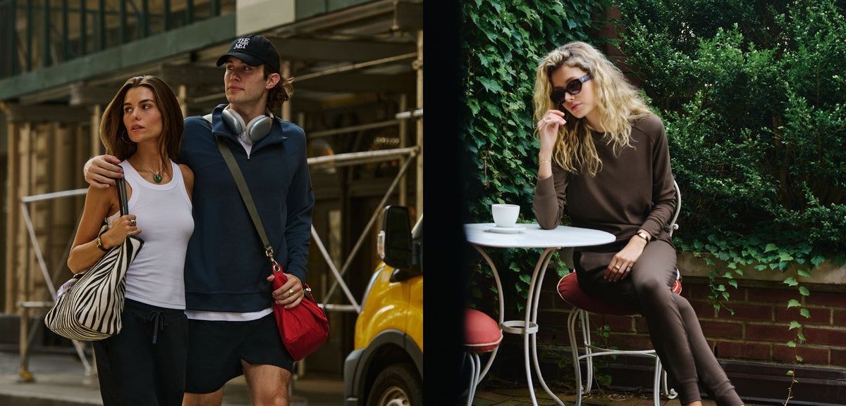 A split-screen lifestyle image showing a woman in a white tank top and black shorts walking arm-in-arm with a man wearing a navy jacket and shorts, alongside a woman in a brown sweatshirt and leggings sitting at an outdoor cafe table.