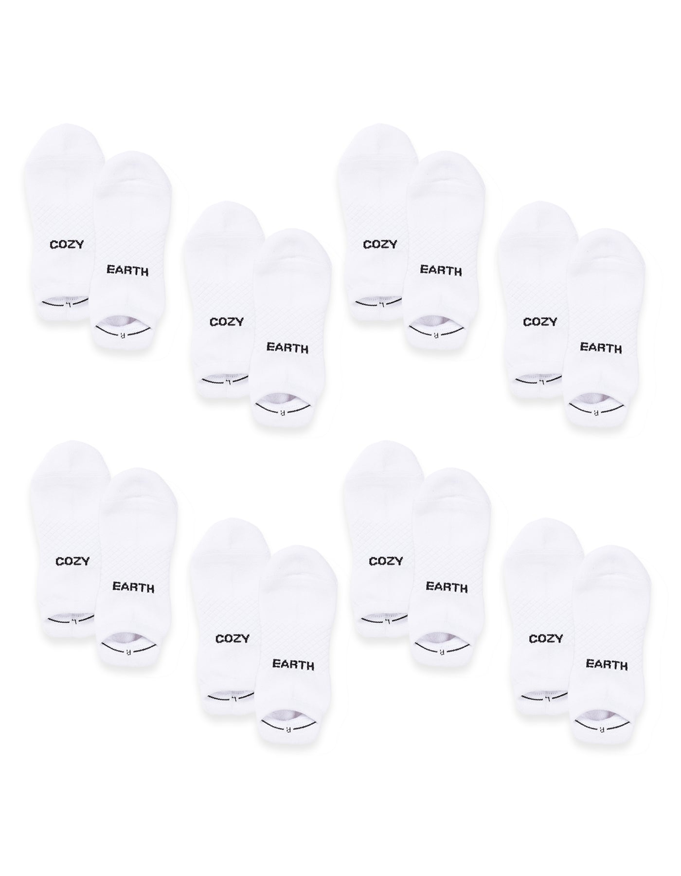Eight pairs of white Essential Ankle Socks by Cozy Earth are arranged in rows, each with "COZY" on one sock and "EARTH" on the other in black text near the toes. 