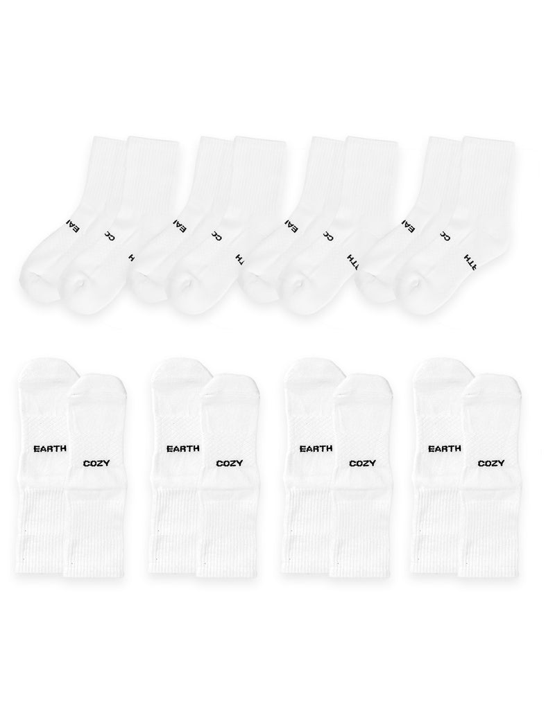 Eight pairs of white Essential Calf Socks by Cozy Earth are arranged in two rows on a white background, each with "COZY EARTH" printed in black near the toes.