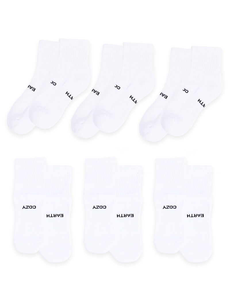 Six pairs of Cozy Earth Essential Quarter Socks are arranged in two rows, each with ribbed cuffs and "EARTH" and "COZY" printed in black on the soles. The socks are plain white and come as a 6-pack.