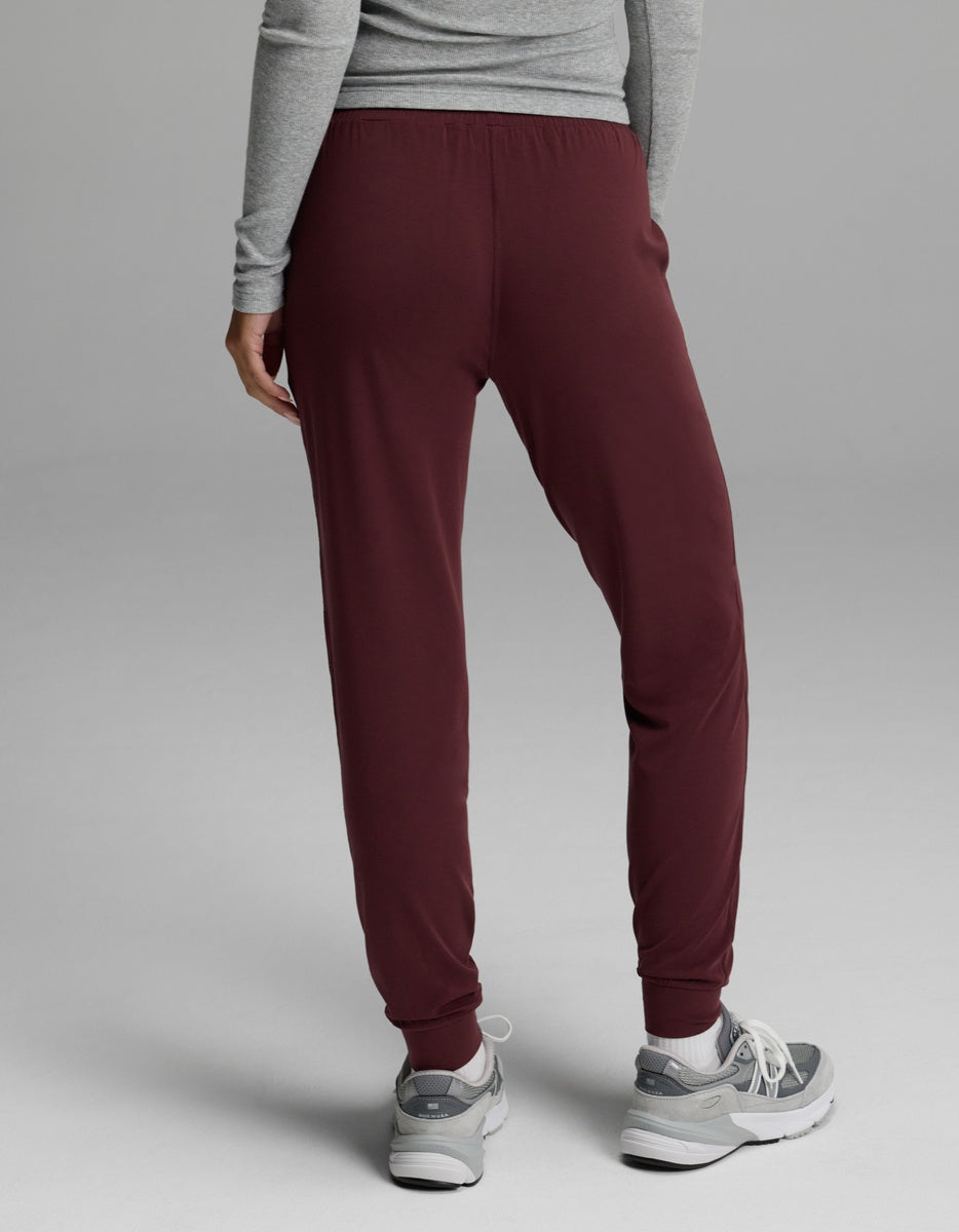 A person is shown from the back, standing on a light gray background, wearing a gray long-sleeve shirt, Cozy Earth Women’s Studio Jogger pants in burgundy, and gray sneakers.